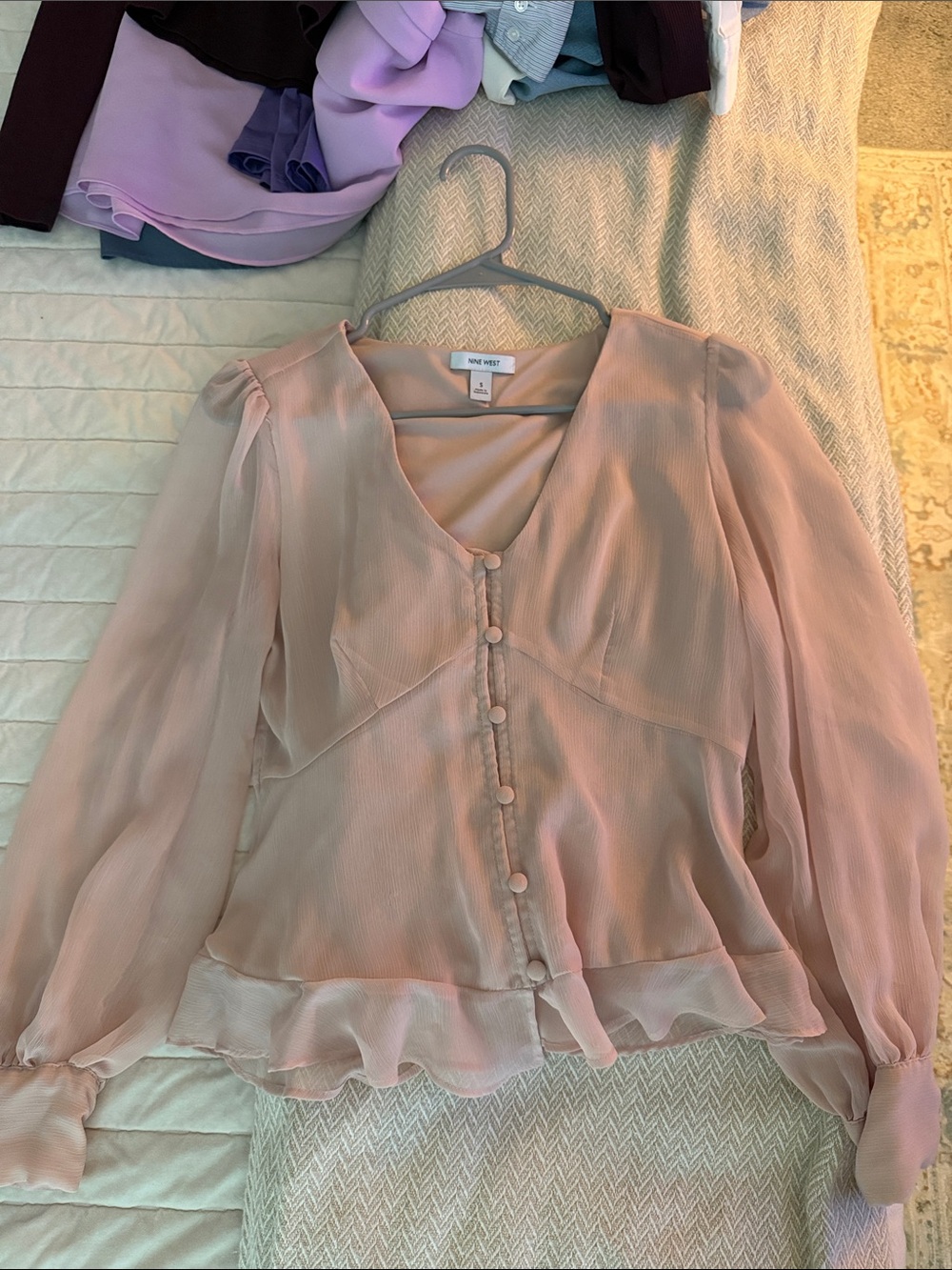 Nine West Dusty Pink Ruffle Button-Front Blouse